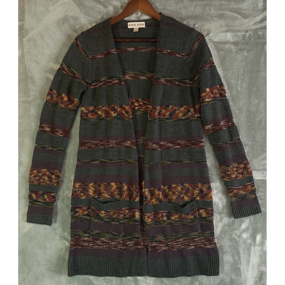 Knox Rose Open Front Cardigan Sweater Womens Medium Gray Striped Aztec Boho Long